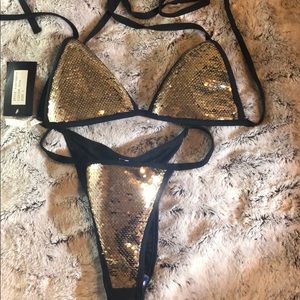 L Gold/Black Sequin Bathing Suit